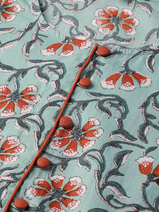 Women Green & Orange Floral Printed Maxi Dress | LASVINI - Redefining Indian Fashion with Elegance