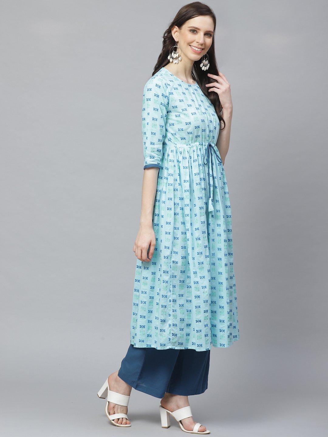 Women A-Line Waist Tie-Up Blue Printed Kurta & Palazzo Set | LASVINI - Redefining Indian Fashion with Elegance