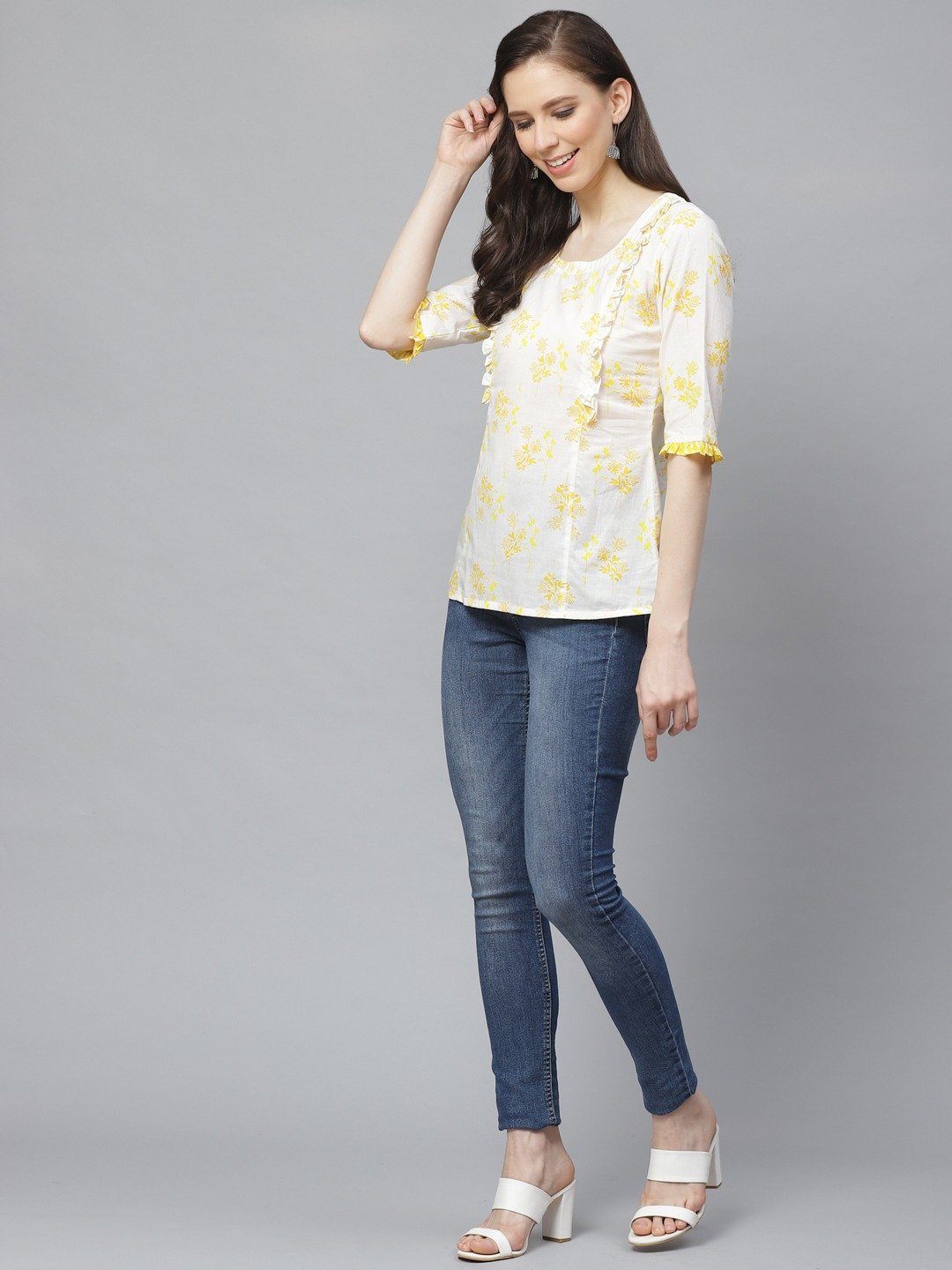 Women White & Yellow Regular Floral Printed Round Neck Top | LASVINI - Redefining Indian Fashion with Elegance