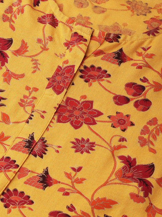 Women Mustard Yellow Floral Printed Round Neck A-Line Dress | LASVINI - Redefining Indian Fashion with Elegance