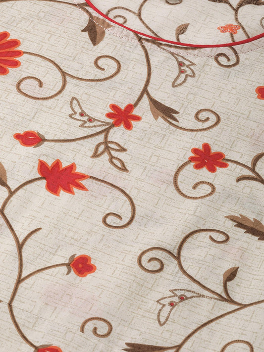 Women Beige Floral Printed Round Neck A-Line Dress | LASVINI - Redefining Indian Fashion with Elegance