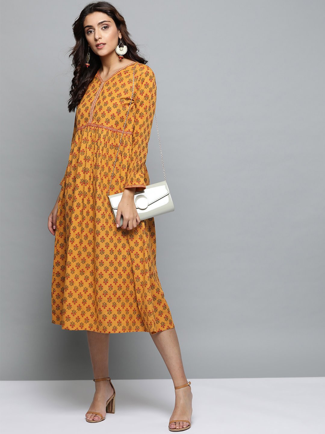Women Mustard Yellow Floral Printed V-Neck A-Line Dress | LASVINI - Redefining Indian Fashion with Elegance