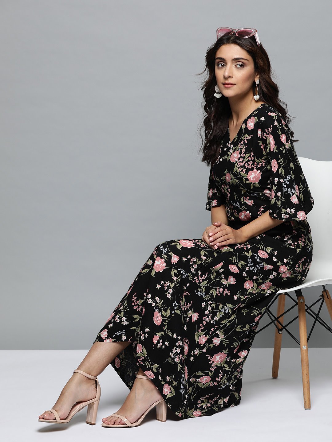 Women Black Floral Printed V-Neck A-Line Dress | LASVINI - Redefining Indian Fashion with Elegance