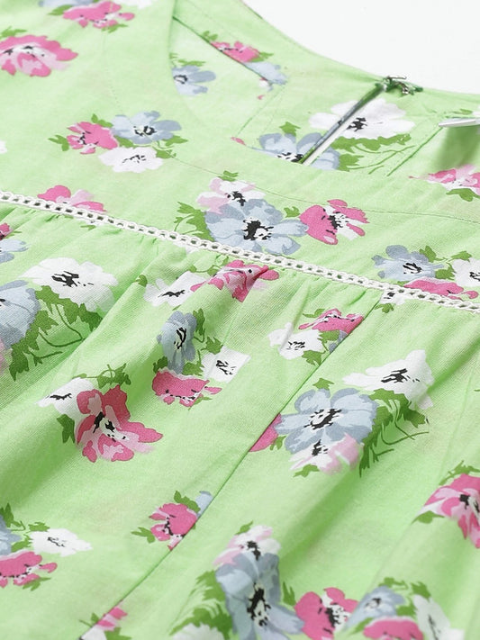 Women Green Floral Printed Round Neck Cotton A-Line Dress | LASVINI - Redefining Indian Fashion with Elegance