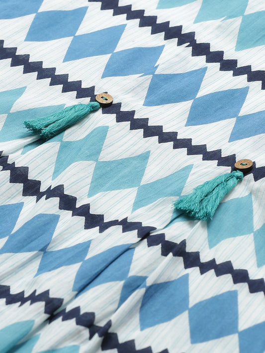 Women White Geometric Printed Round Neck Cotton A-Line Dress | LASVINI - Redefining Indian Fashion with Elegance