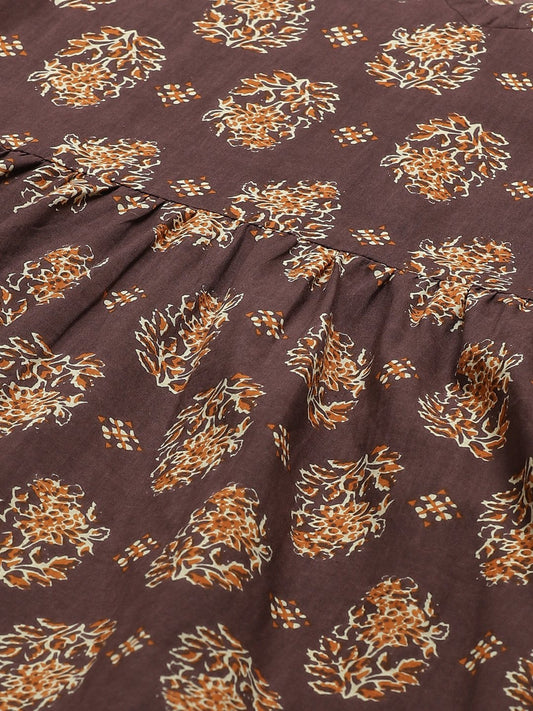 Women Brown Three-Quarter Sleeves Flared Kurta With Trouser | LASVINI - Redefining Indian Fashion with Elegance