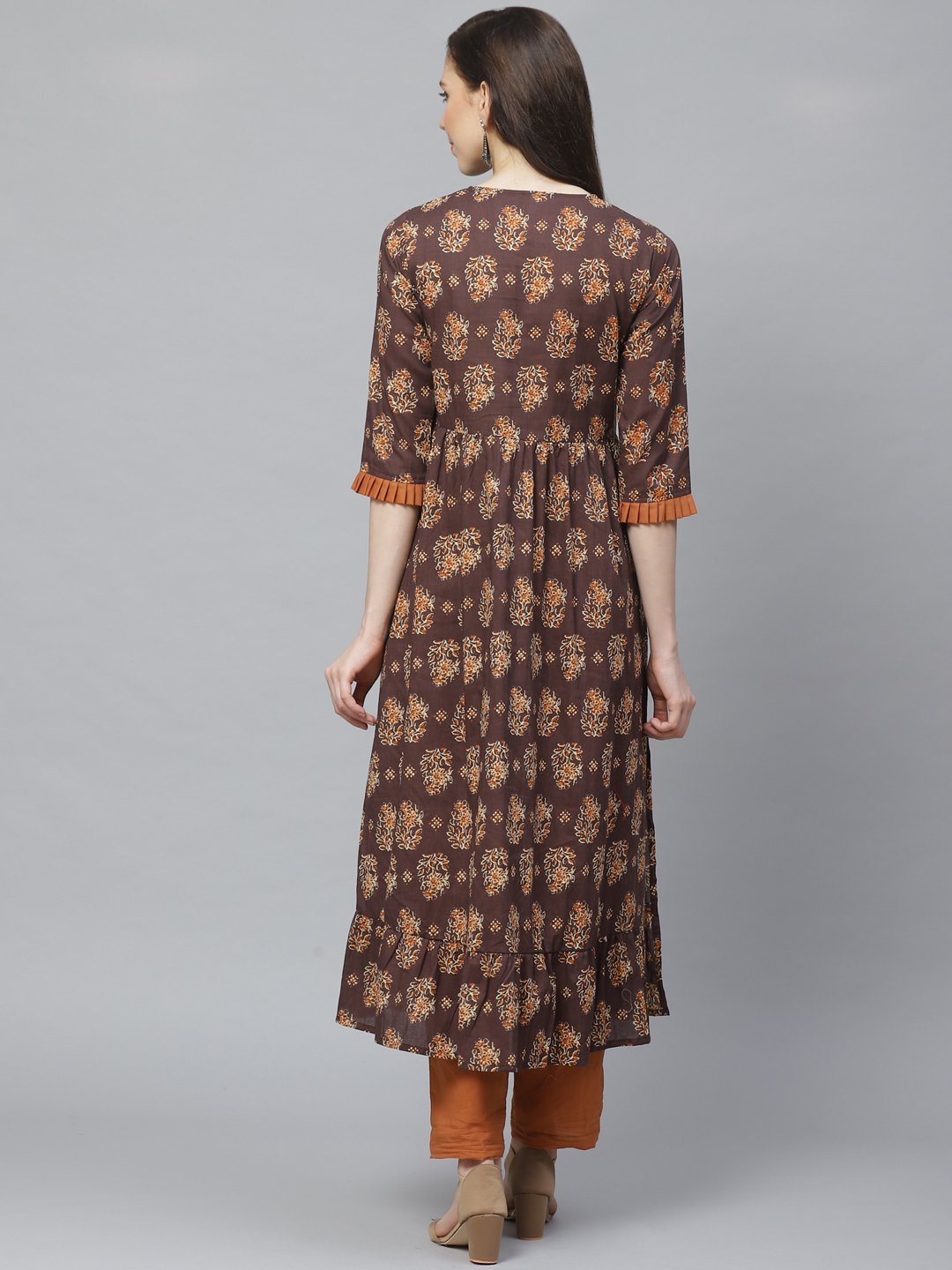 Women Brown Three-Quarter Sleeves Flared Kurta With Trouser | LASVINI - Redefining Indian Fashion with Elegance