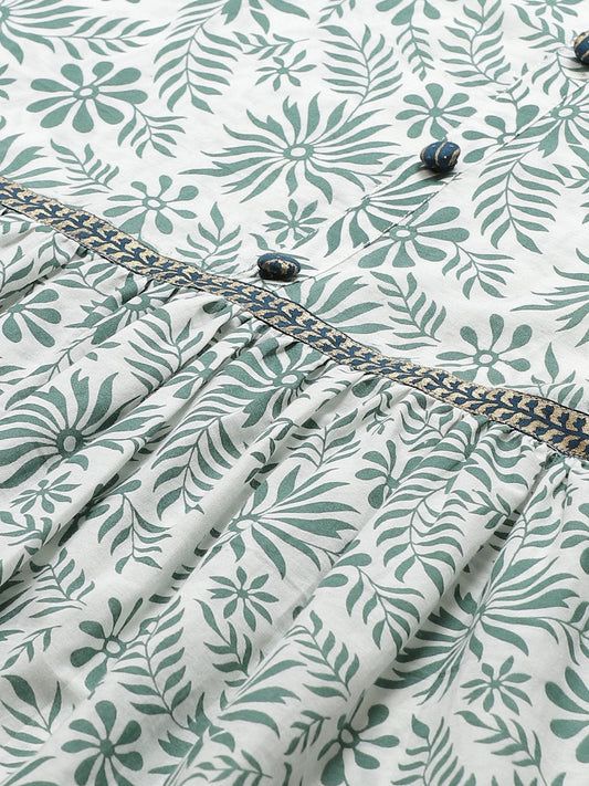 Women White Floral Printed Round Neck Cotton A-Line Dress | LASVINI - Redefining Indian Fashion with Elegance