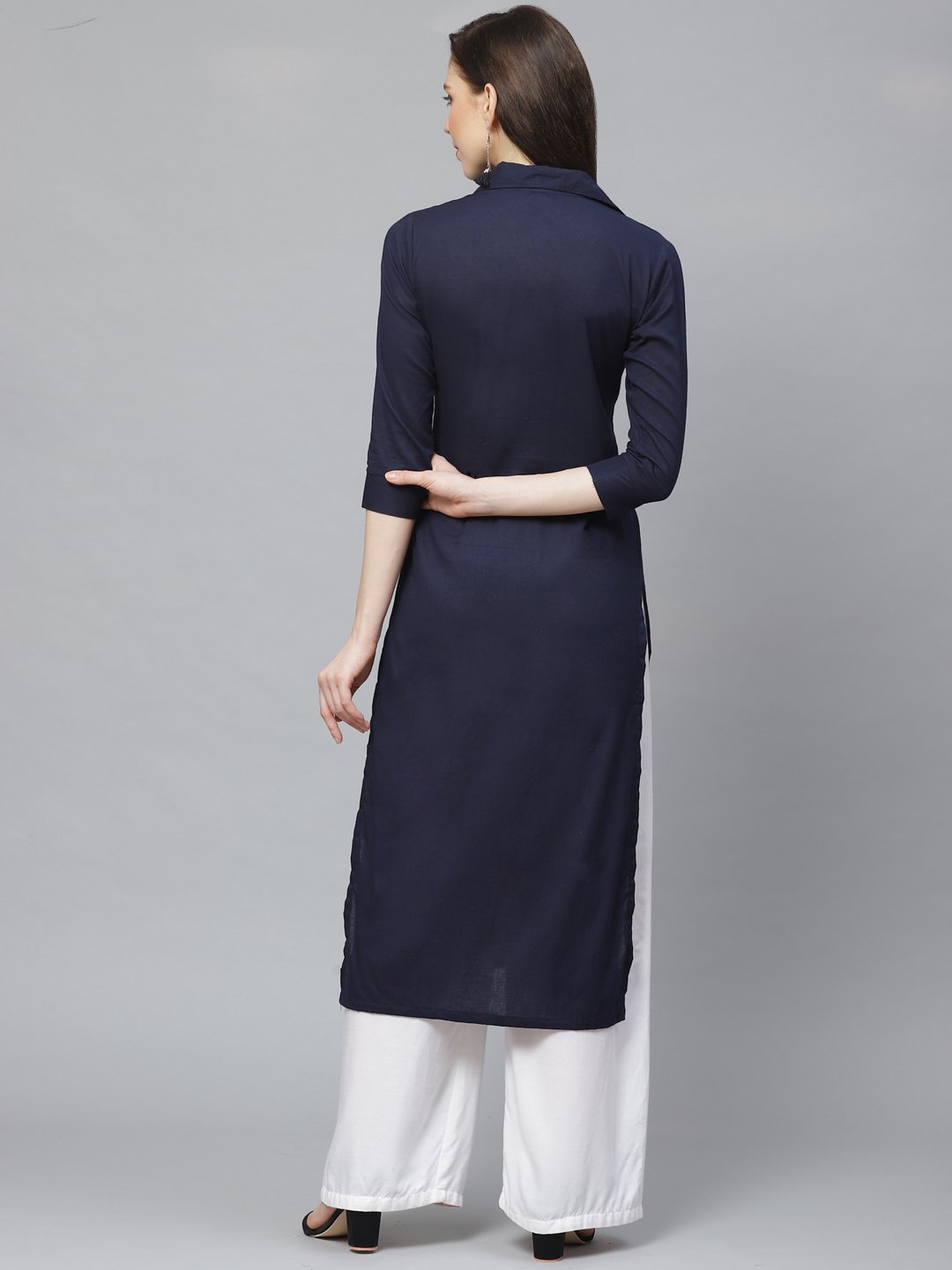 Women Navy Blue Calf Length Three-Quarter Sleeves Pathani Solid Solid Cotton Kurta | LASVINI - Redefining Indian Fashion with Elegance