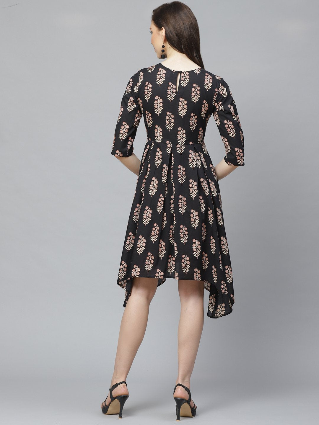 Women Black Floral Printed Round Neck Cotton Fit And Flare Dress | LASVINI - Redefining Indian Fashion with Elegance