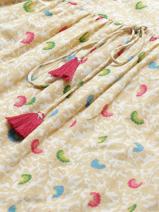 Women White Floral Printed V-Neck Cotton Fit And Flare Dress | LASVINI - Redefining Indian Fashion with Elegance