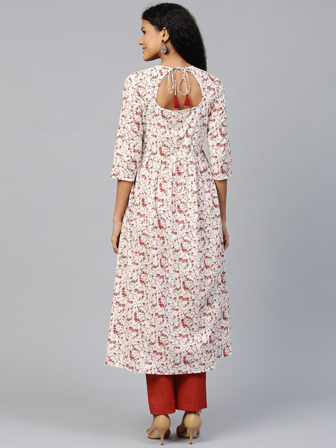 Women White Three-Quarter Sleeves Flared Kurta And Trouser Set | LASVINI - Redefining Indian Fashion with Elegance