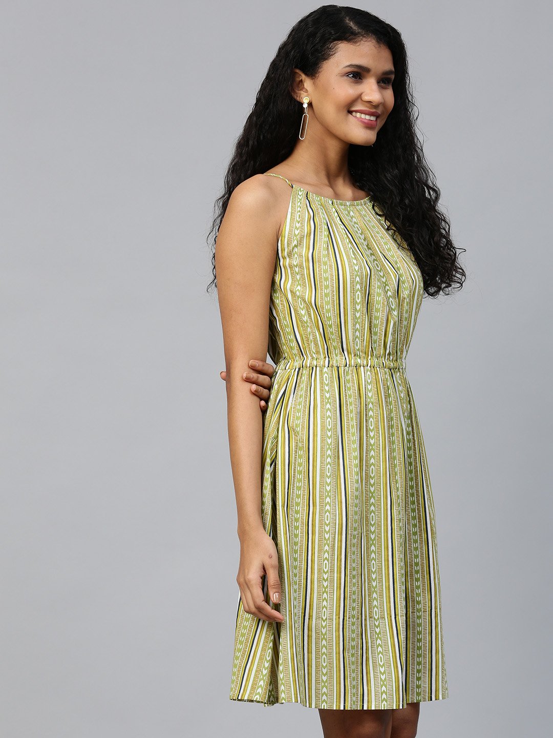 Women Multi Striped Striped Halter Neck Cotton A-Line Dress | LASVINI - Redefining Indian Fashion with Elegance