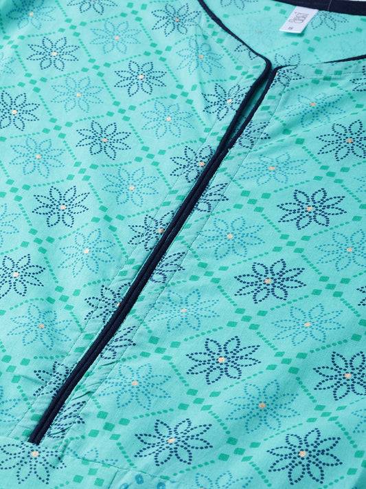 Women Blue Floral Printed V-Neck Cotton Maxi Dress | LASVINI - Redefining Indian Fashion with Elegance