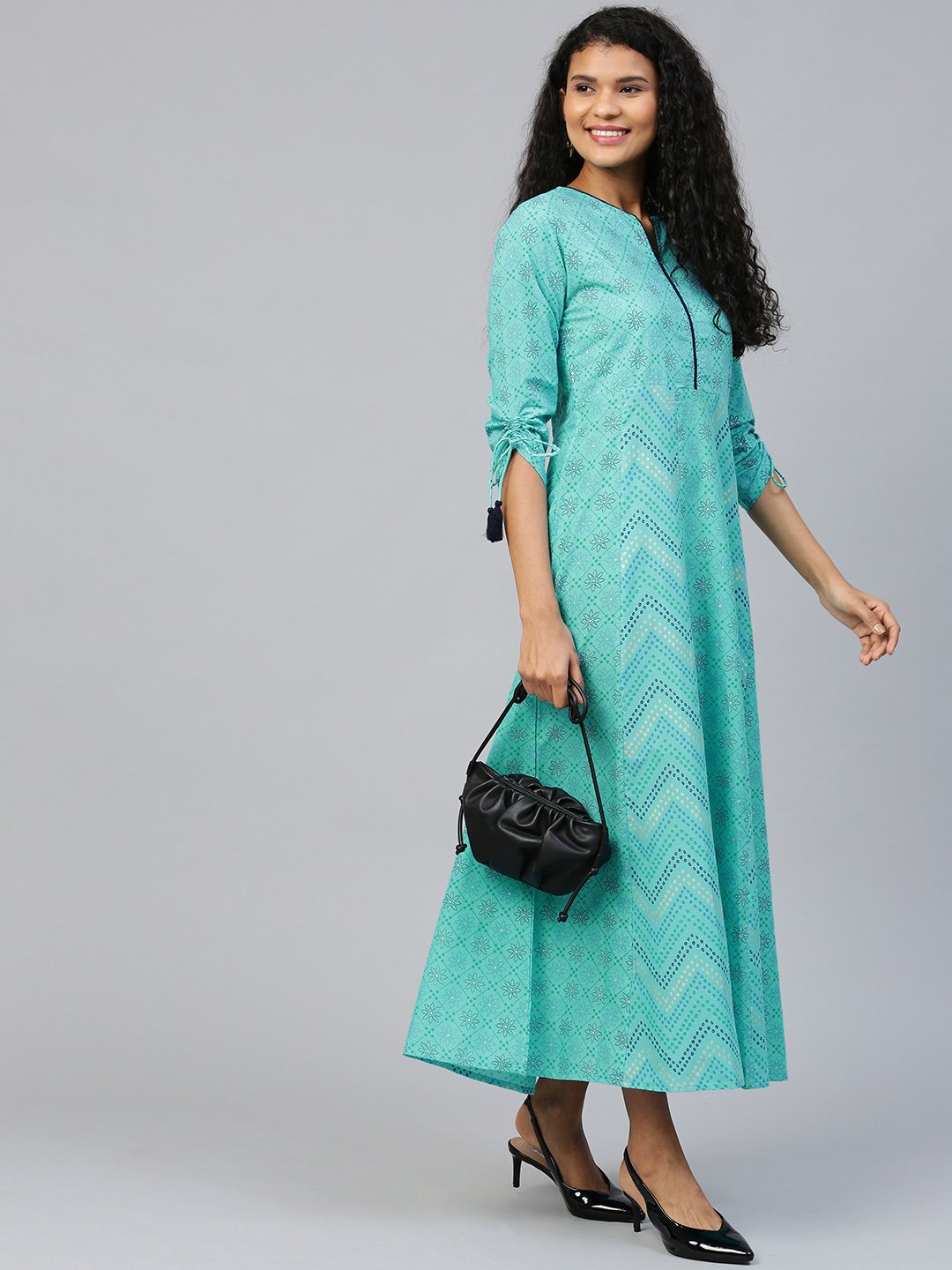 Women Blue Floral Printed V-Neck Cotton Maxi Dress | LASVINI - Redefining Indian Fashion with Elegance