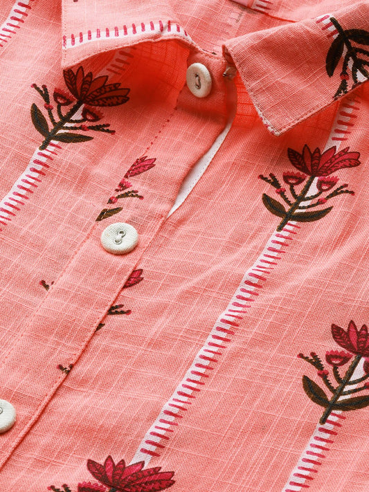 Women Pink Floral Printed Shirt Collar Cotton Maxi Dress | LASVINI - Redefining Indian Fashion with Elegance
