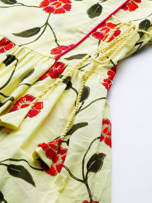 Women Yellow Floral Printed V-Neck Viscose Rayon Maxi Dress | LASVINI - Redefining Indian Fashion with Elegance