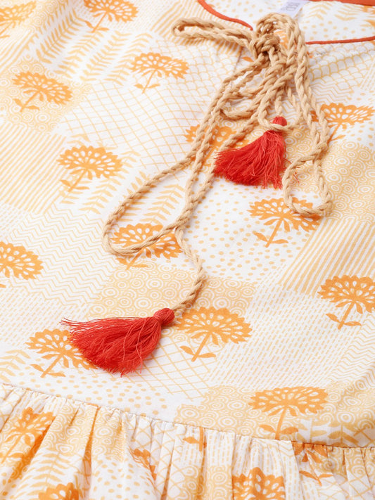 Women Off White Floral Printed Round Neck Cotton A-Line Dress | LASVINI - Redefining Indian Fashion with Elegance