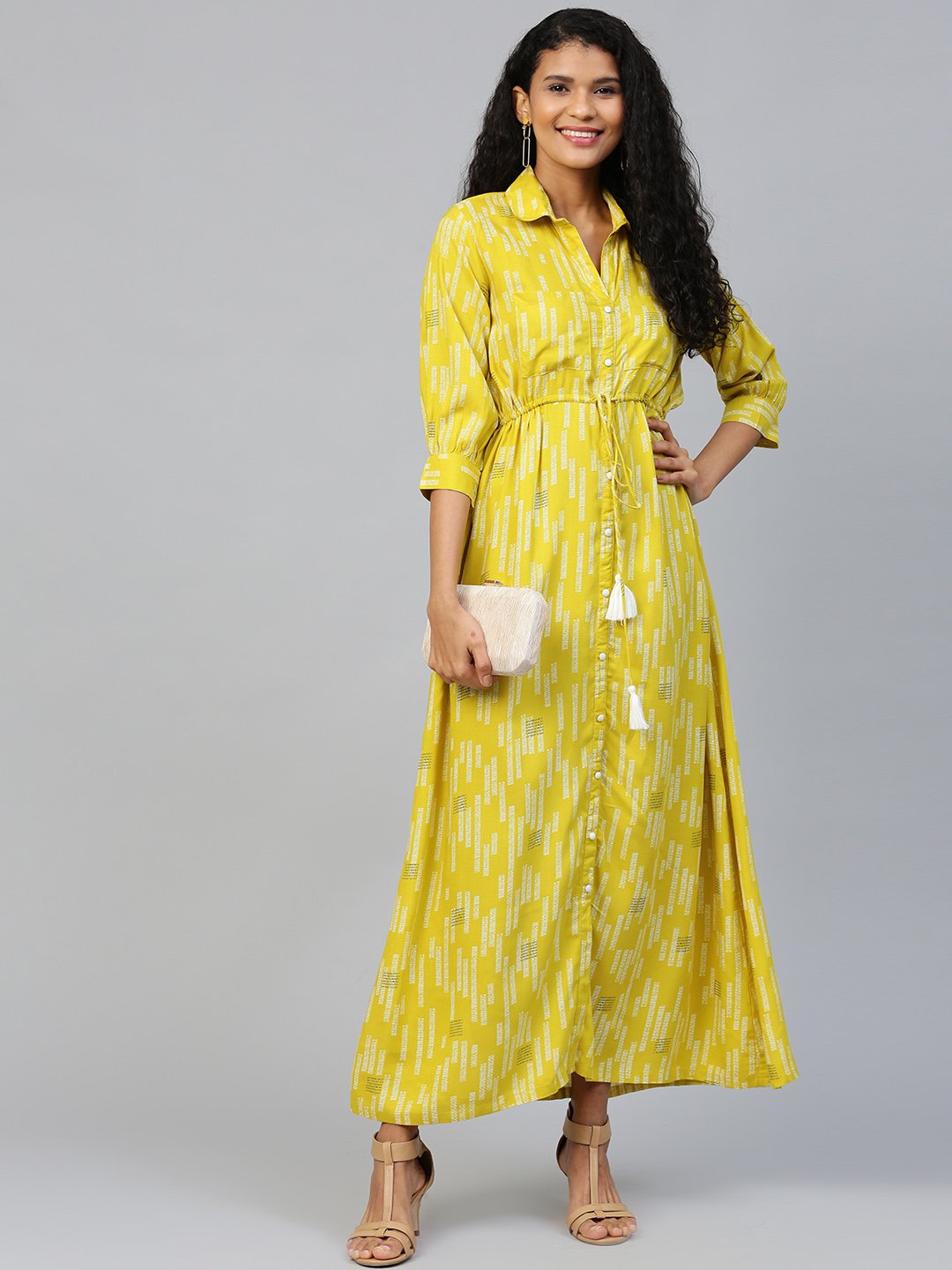 Women Limegreen Conversational Printed Shirt Collar Viscose Rayon A-Line Dress | LASVINI - Redefining Indian Fashion with Elegance