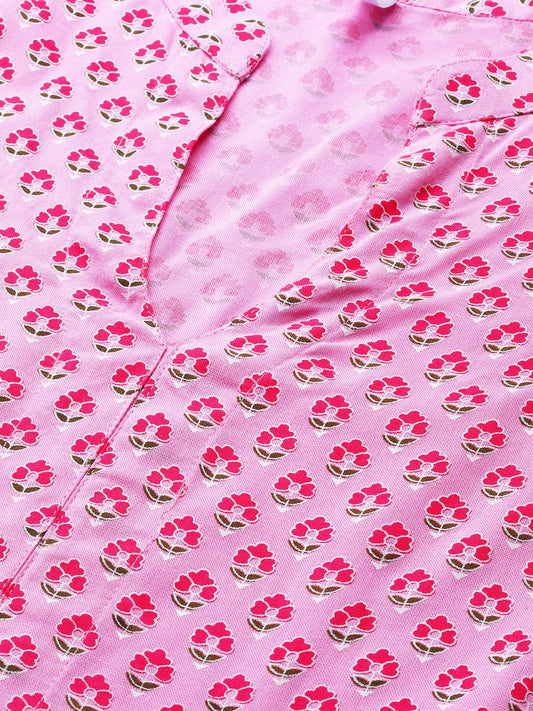 Women Pink Floral Printed Mandarin Collar Viscose Rayon Fit And Flare Dress | LASVINI - Redefining Indian Fashion with Elegance