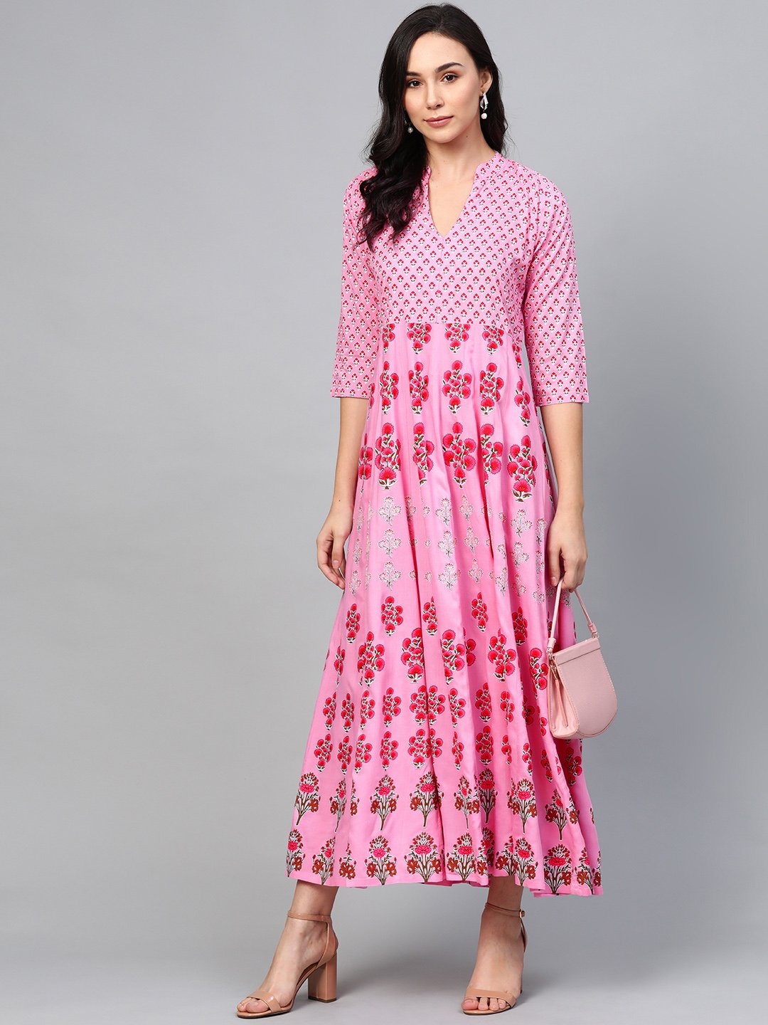 Women Pink Floral Printed Mandarin Collar Viscose Rayon Fit And Flare Dress | LASVINI - Redefining Indian Fashion with Elegance