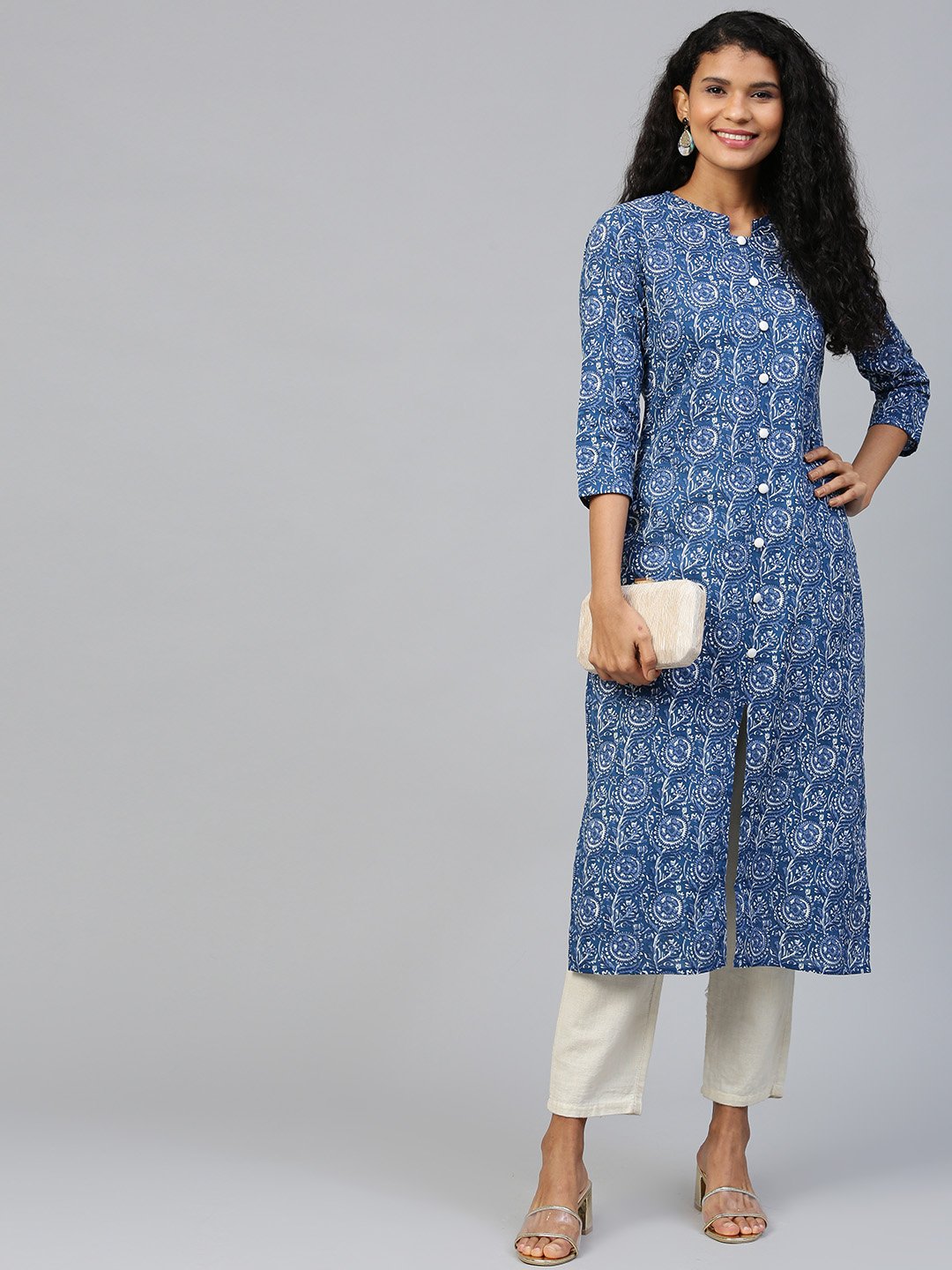 Women Blue Floral Printed Mandarin Collar Cotton A-Line Dress | LASVINI - Redefining Indian Fashion with Elegance