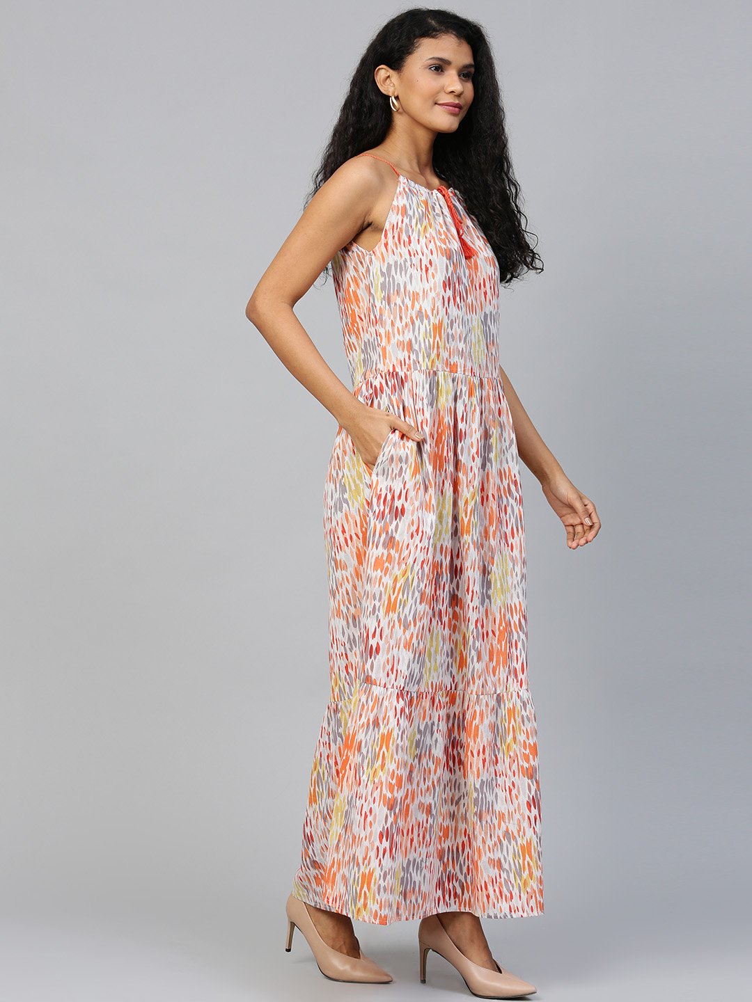 Women Multi Abstract Printed Halter Neck Cotton A-Line Dress | LASVINI - Redefining Indian Fashion with Elegance