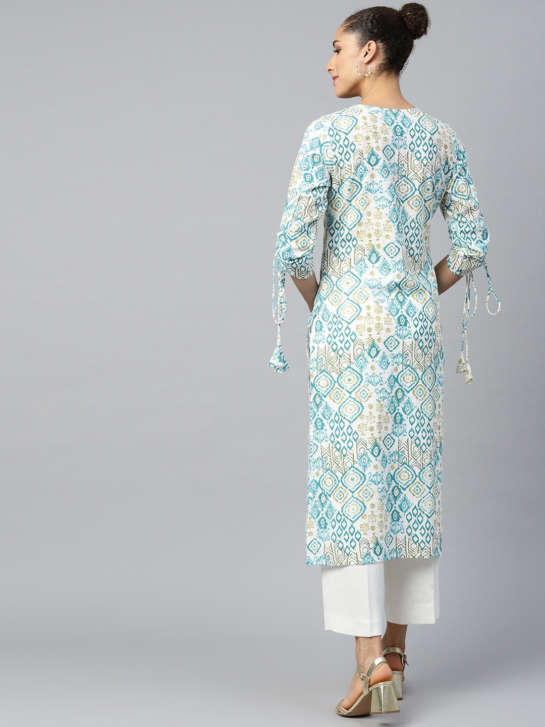Women White Calf Length Long Sleeves A-Line Quirky Printed Cotton Kurta | LASVINI - Redefining Indian Fashion with Elegance