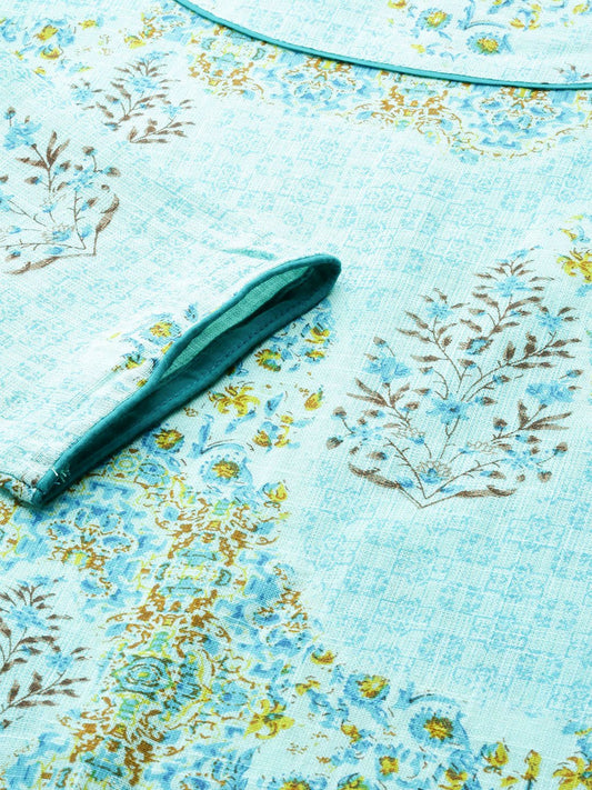 Women Blue Calf Length Three-Quarter Sleeves Straight Floral Printed Cotton Kurta | LASVINI - Redefining Indian Fashion with Elegance