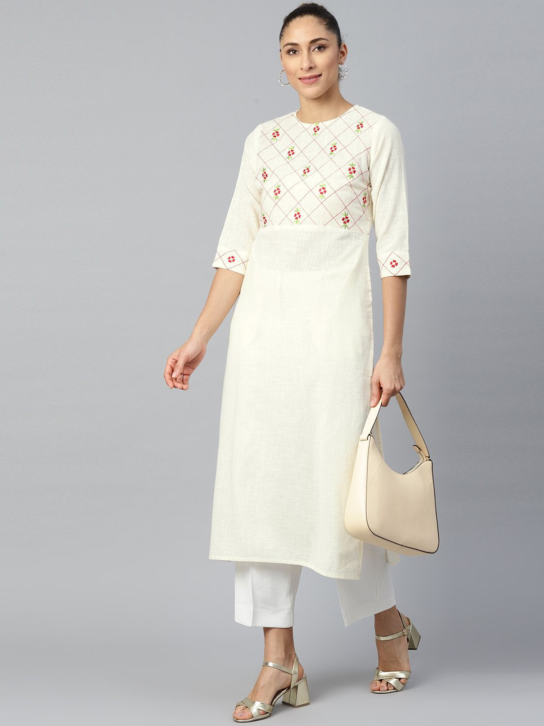 Women Offwhite Calf Length Three-Quarter Sleeves Straight Woven Design Embroidered Cotton Kurta | LASVINI - Redefining Indian Fashion with Elegance