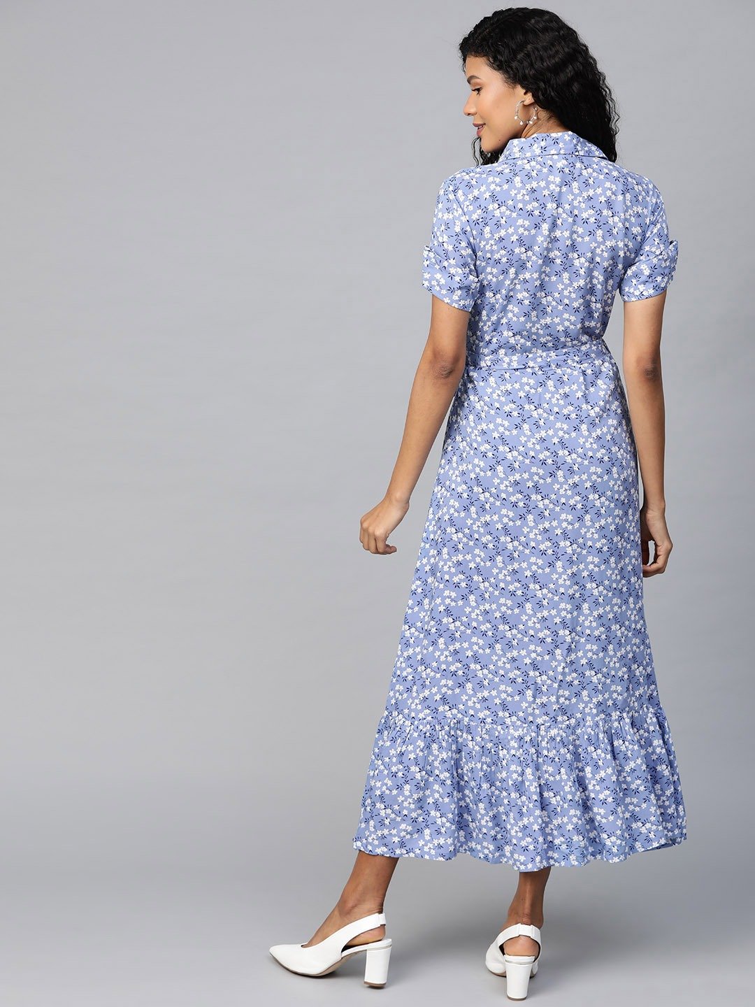 Women Purple Floral Printed Shirt Collar Viscose Rayon A-Line Dress | LASVINI - Redefining Indian Fashion with Elegance