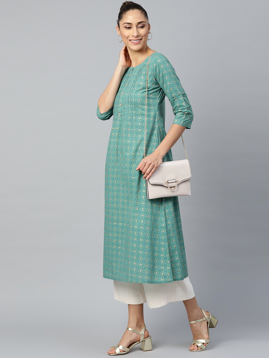Women Green Calf Length Three-Quarter Sleeves A-Line Geometric Yoke Design Cotton Kurta | LASVINI - Redefining Indian Fashion with Elegance