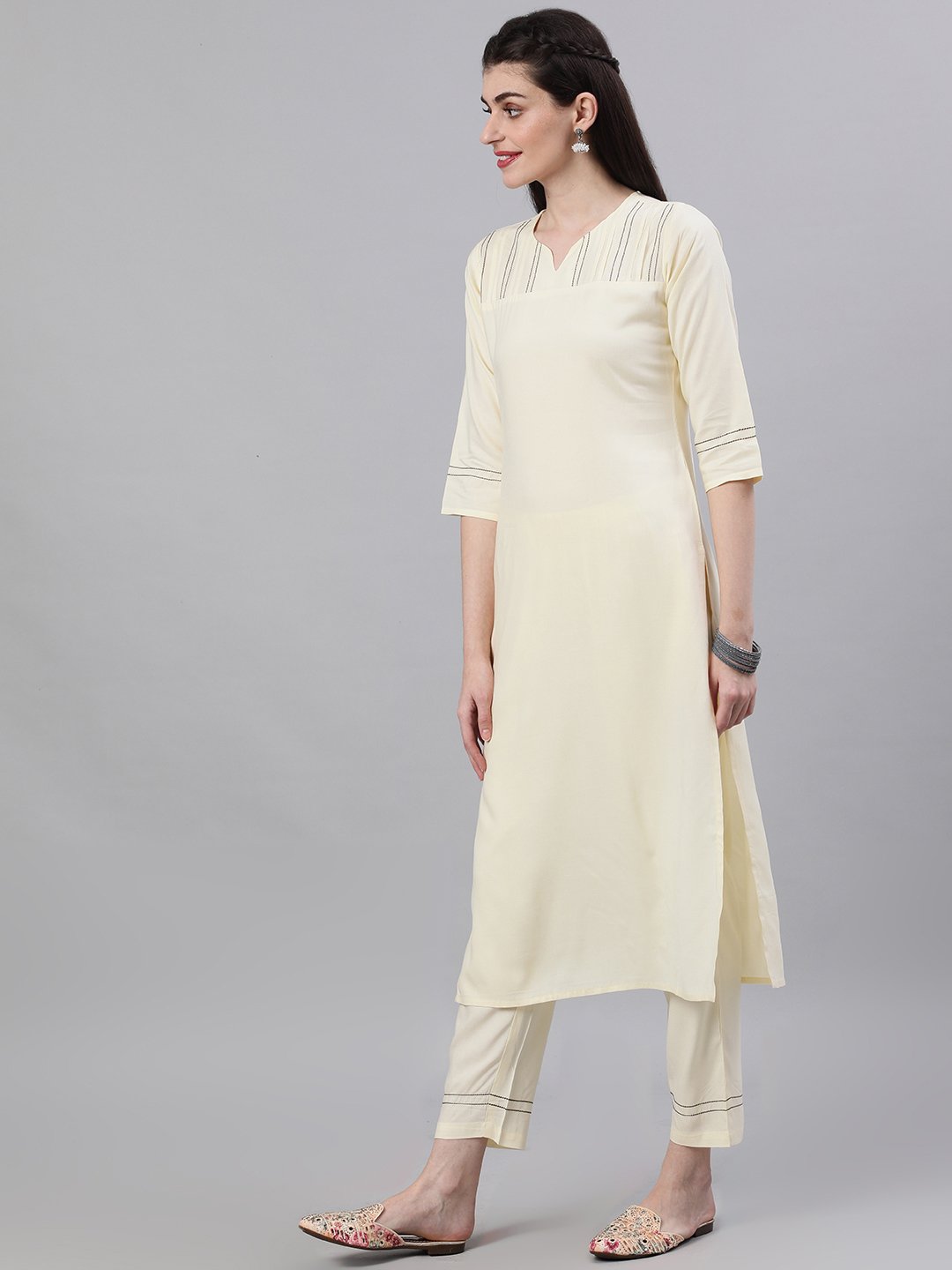 Women Cream Three-Quarter Sleeves Straight Kurta Palazzo With Dupatta | LASVINI - Redefining Indian Fashion with Elegance
