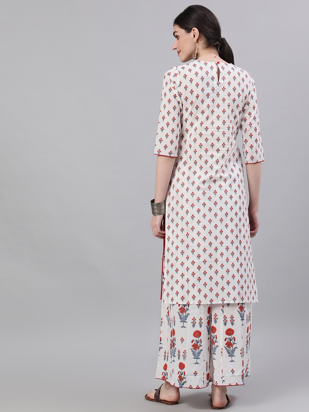 Women White Three-Quarter Sleeves Straight Kurta And Wide Leg Palazzo Set | LASVINI - Redefining Indian Fashion with Elegance