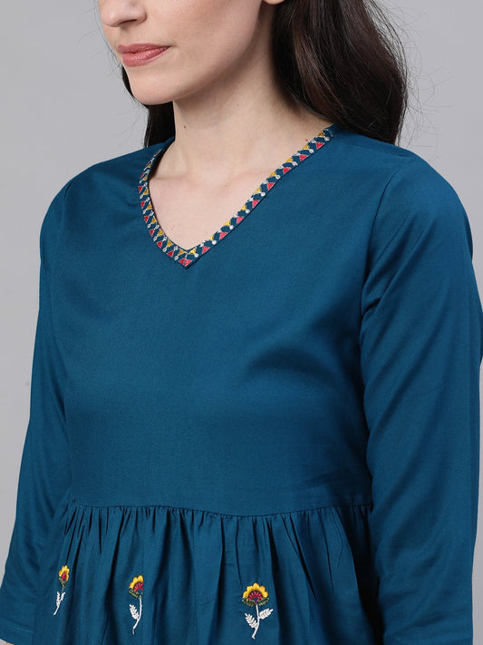 Women Teal Blue Three-Quarter Sleeves Gathered Or Pleated Top | LASVINI - Redefining Indian Fashion with Elegance
