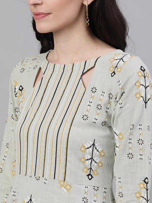 Women Sage Green Floral Printed Boat Neck Cotton A-Line Dress | LASVINI - Redefining Indian Fashion with Elegance