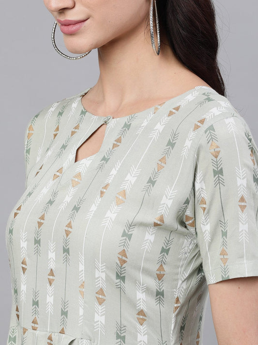 Women Sage Green Geometric Printed Keyhole Neck Viscose Rayon Fit And Flare Dress | LASVINI - Redefining Indian Fashion with Elegance