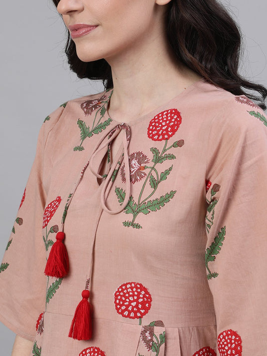 Women Dusty Pink Floral Printed Tie-Up Neck Cotton Maxi Dress | LASVINI - Redefining Indian Fashion with Elegance