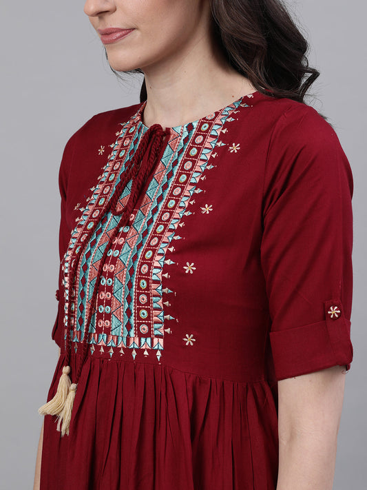 Women Maroon Solid Embroidered Tie-Up Neck Viscose Rayon A-Line Dress | LASVINI - Redefining Indian Fashion with Elegance