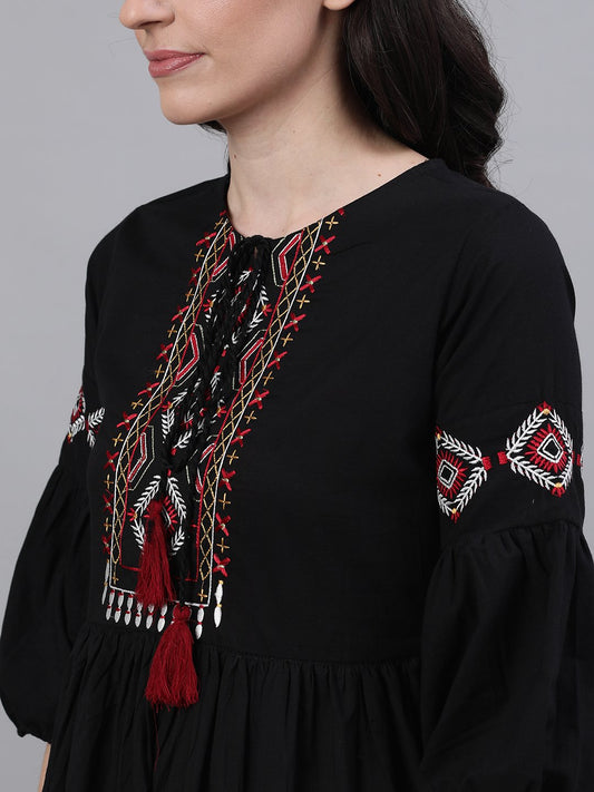 Women Navy Black Solid Solid Tie-Up Neck Viscose Rayon Fit And Flare Dress | LASVINI - Redefining Indian Fashion with Elegance