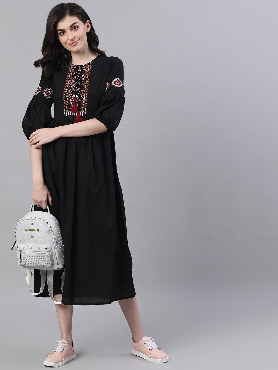 Women Navy Black Solid Solid Tie-Up Neck Viscose Rayon Fit And Flare Dress | LASVINI - Redefining Indian Fashion with Elegance