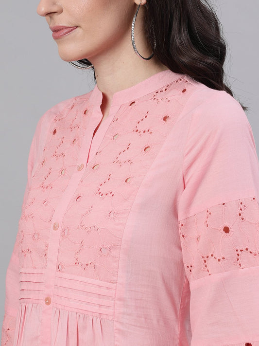 Women Pink Solid Solid Mandarin Collar Cotton Maxi Dress | LASVINI - Redefining Indian Fashion with Elegance