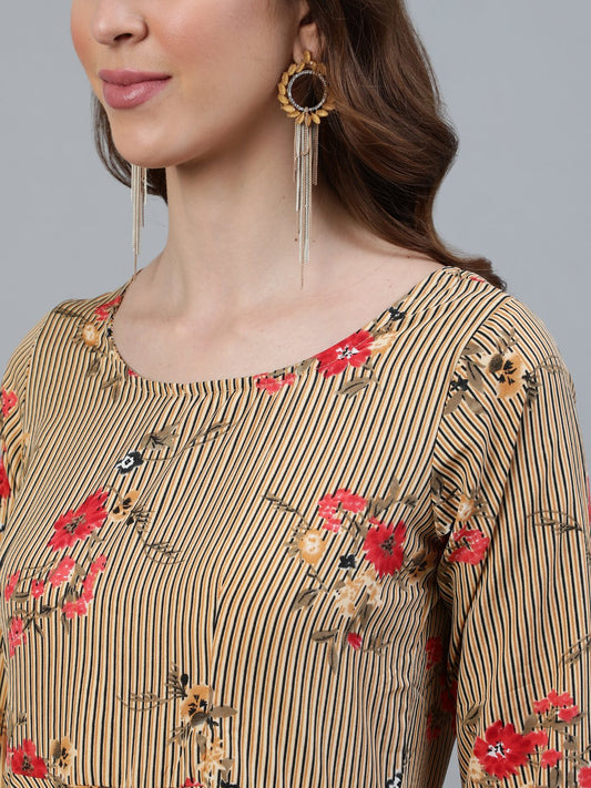 Women Beige Printed Maxi Dress With Three Quarter Sleeves | LASVINI - Redefining Indian Fashion with Elegance