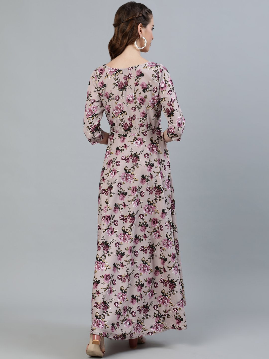 Women Purple Floral Printed Maxi Dress With Three Quarter Sleeves | LASVINI - Redefining Indian Fashion with Elegance