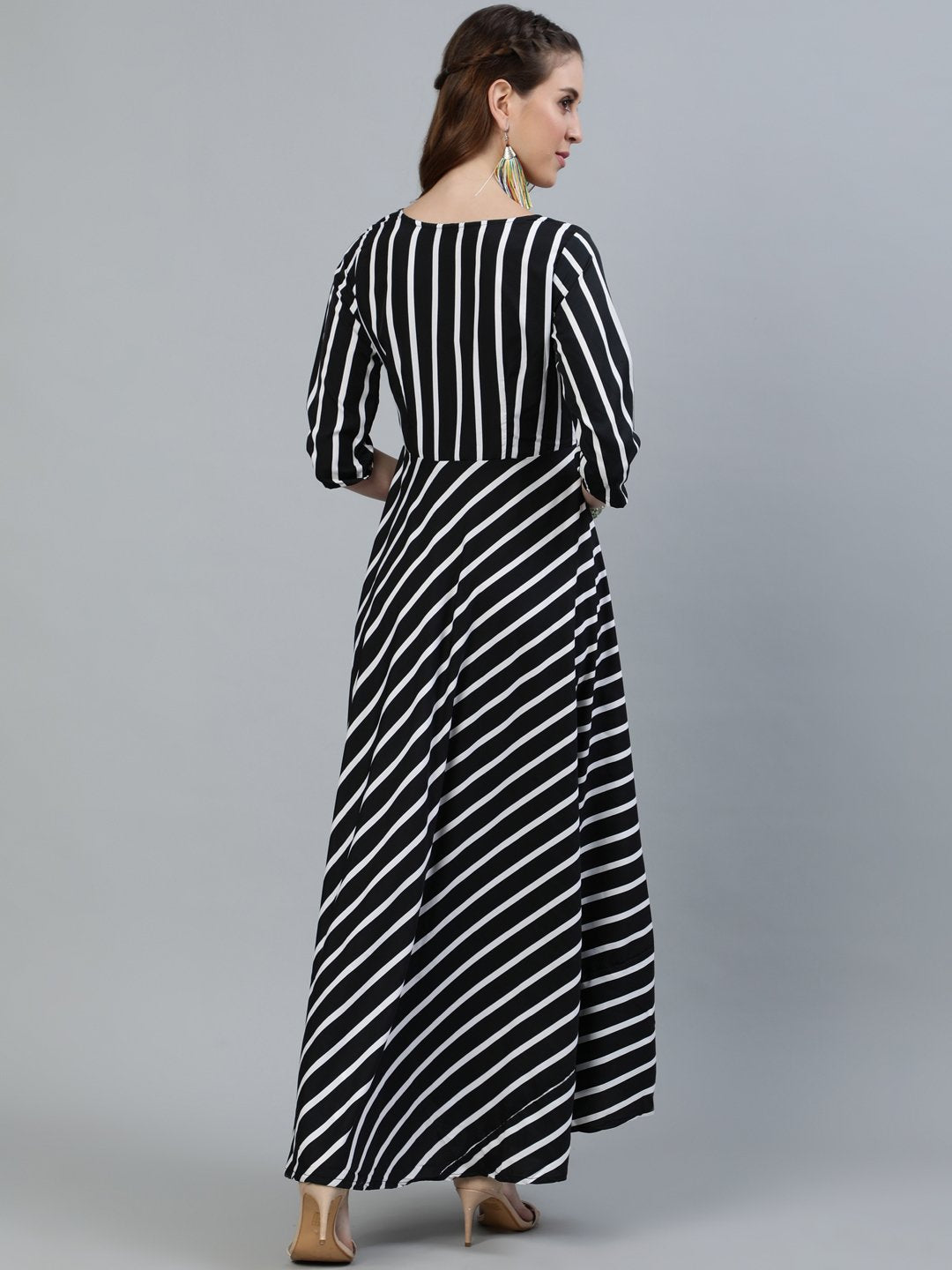 Women Black Striped Maxi Dress With Three Quarter Sleeves | LASVINI - Redefining Indian Fashion with Elegance