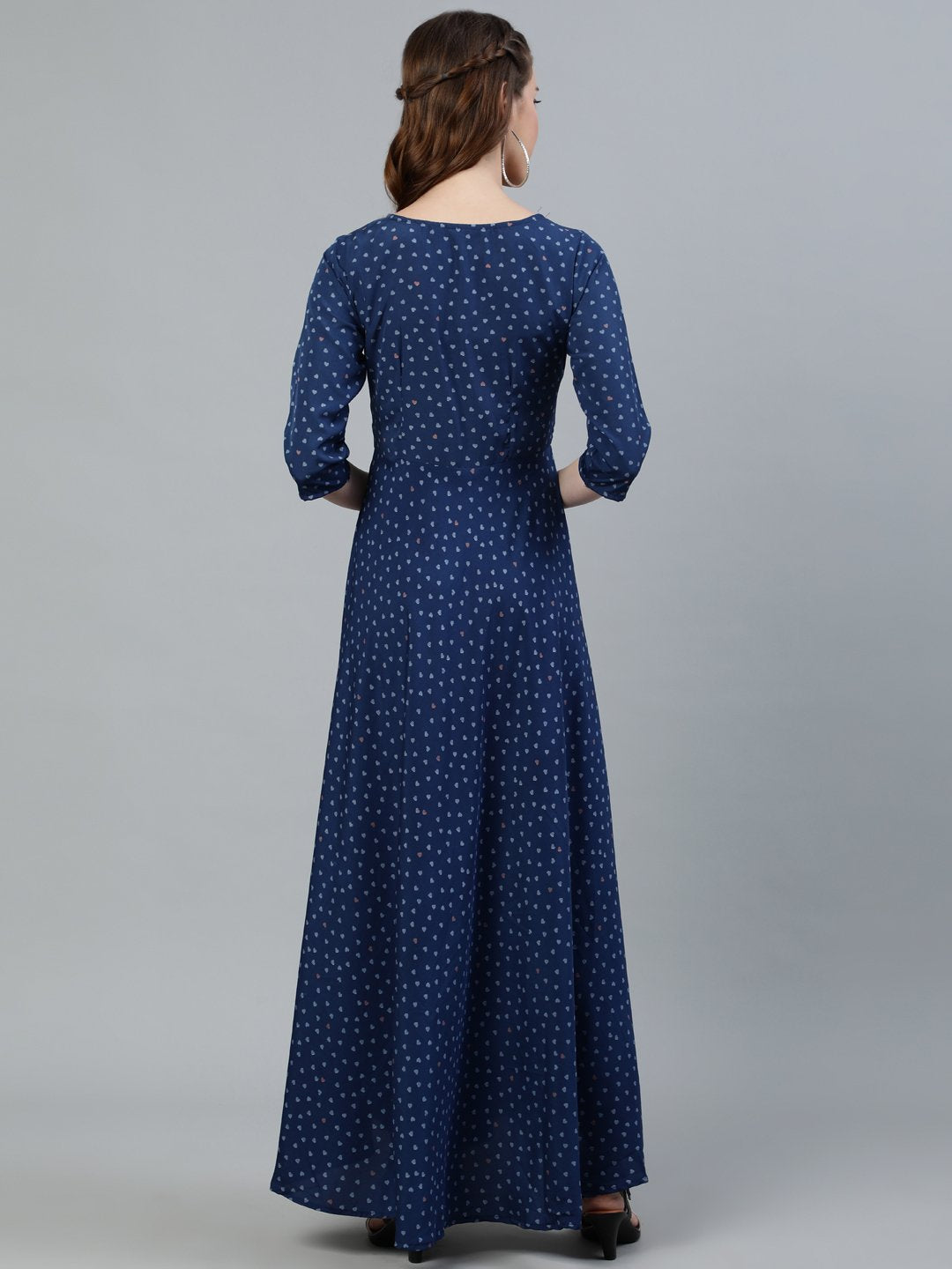 Women Blue Floral Printed Maxi Dress With Three Quarter Sleeves | LASVINI - Redefining Indian Fashion with Elegance