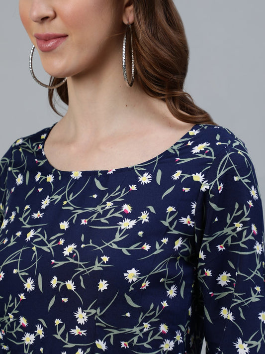 Women Navy Blue Floral Printed Maxi Dress With Three Quarter Sleeves | LASVINI - Redefining Indian Fashion with Elegance
