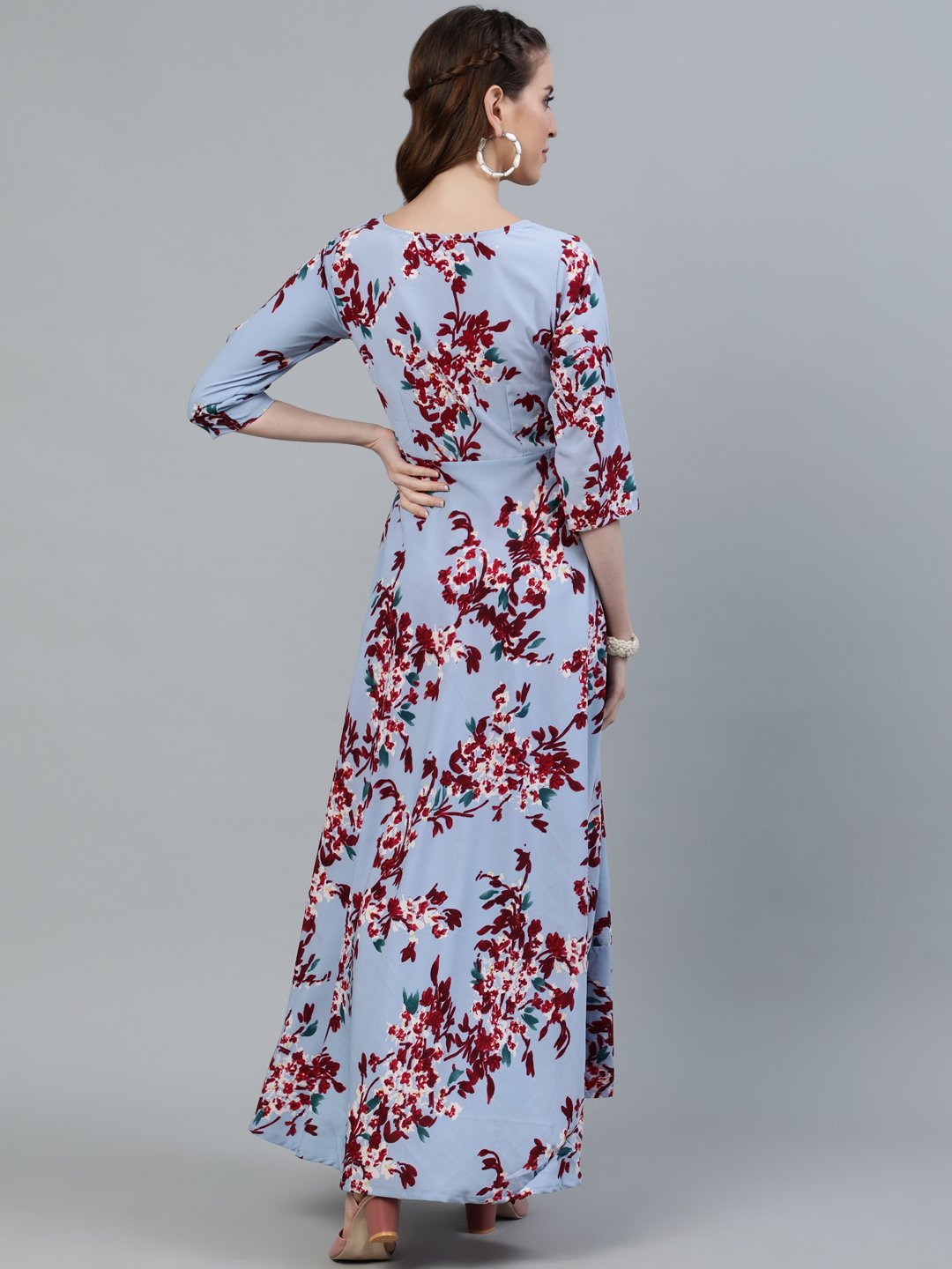 Women Blue Floral Printed Maxi Dress With Three Quarter Sleeves | LASVINI - Redefining Indian Fashion with Elegance