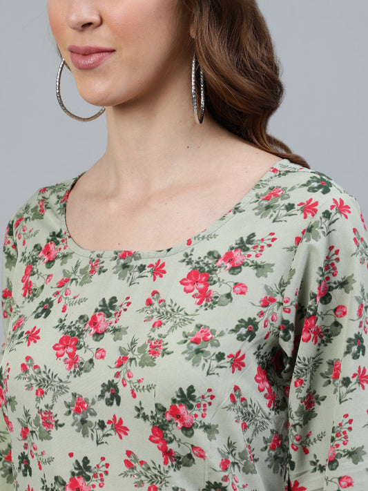 Women Green Floral Printed Maxi Dress With Three Quarter Sleeves | LASVINI - Redefining Indian Fashion with Elegance