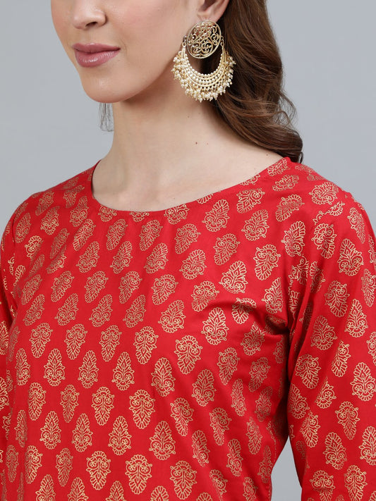 Women Red Printed Straight Kurta With Three Quarter Sleeves | LASVINI - Redefining Indian Fashion with Elegance